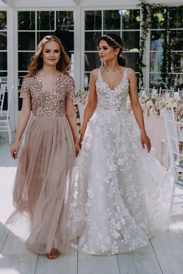 Vestido de novia bohemio largo hasta el suelo con escote en V y encaje floral 3D WD662