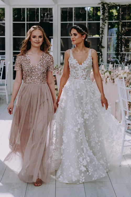 Robe de mariée bohème longue en dentelle florale 3D, col en V, modèle WD662