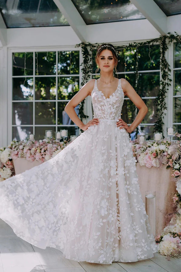 Vestido de novia bohemio largo hasta el suelo con escote en V y encaje floral 3D WD662