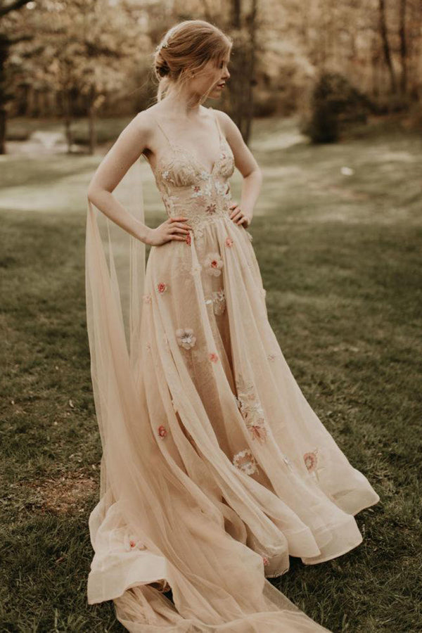 Vestidos de novia de tul con escote en V y flores 3D de colores, estilo bosque WD689