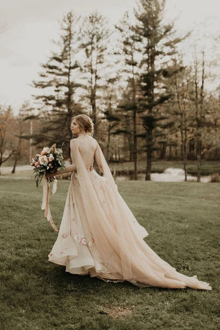 Vestidos de novia de tul con escote en V y flores 3D de colores, estilo bosque WD689