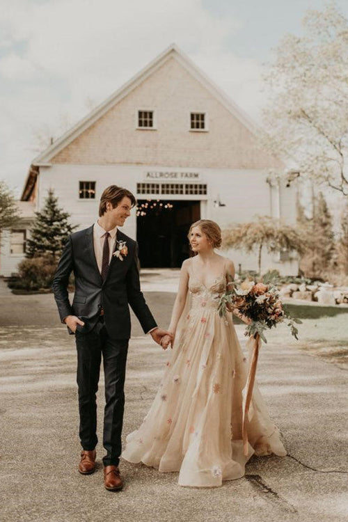 Robe de mariée en tulle à col en V et motif floral 3D coloré, modèle WD689
