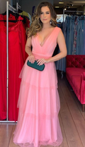 Vestidos de fiesta rosas con escote en V y corte en A, con capas. Vestidos largos de noche rosas formales con escote en V Y5008