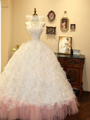 Classy Strapless Lace Flowers Feathers Ball Gown,White A Line Prom Wedding Dress Y8597