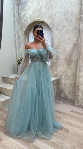 Vestido de fiesta de noche con corsé de tul verde menta sin tirantes Y4912
