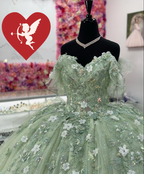 Robe de bal vert sauge pour quinceañera avec fleurs 3D - Modèle Y2614