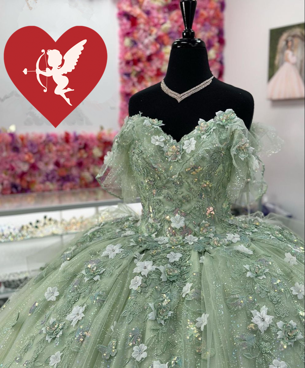 Robe de bal vert sauge pour quinceañera avec fleurs 3D - Modèle Y2614