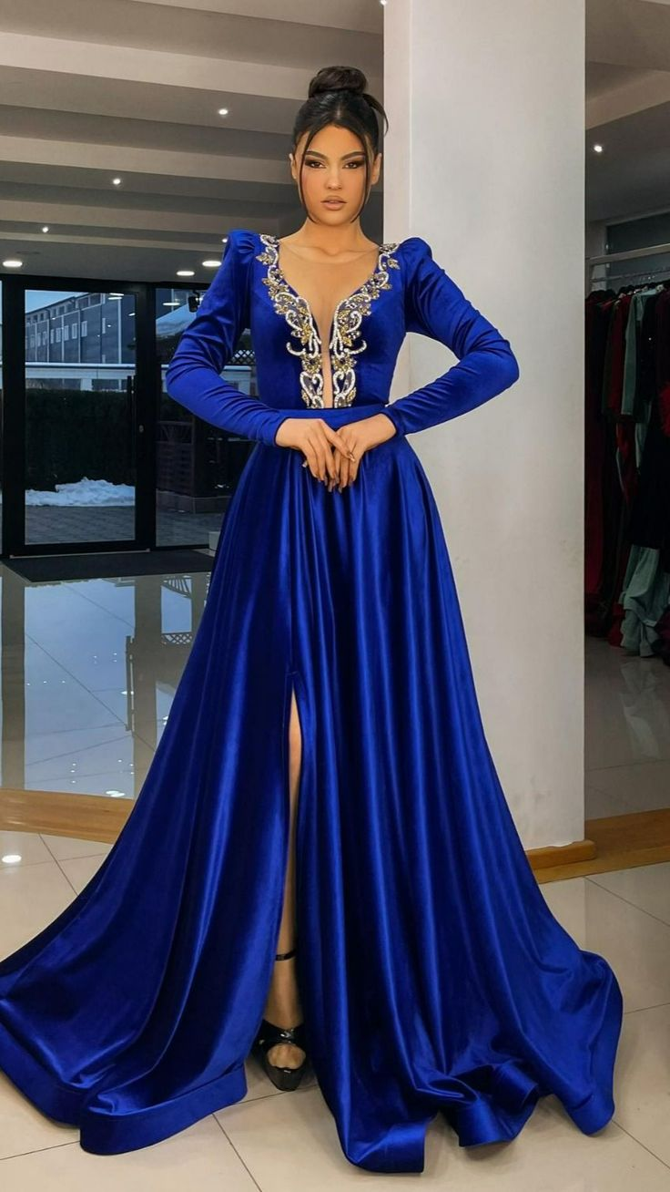 Robe de soirée bleu roi à manches longues, coupe trapèze, style caftan, robe de bal fendue sur le côté, robe de cérémonie Y4938