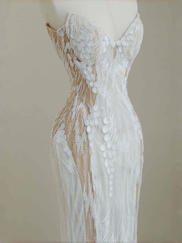 Charming Strapless White Tulle Lace Mermaid Wedding Dress,Long Prom Evening Dress Y8678