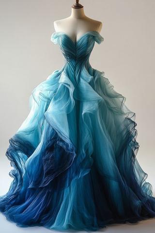 Luxury Ombre Blue Organza Evening Dress A Line Off The Shoulder Prom Dress Y8368