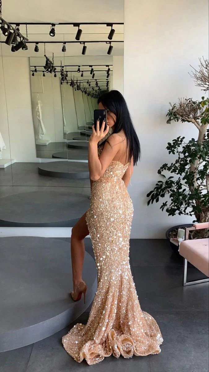 Vestido de compromiso dorado, vestido de fiesta con tirantes finos, abertura en la pierna, lentejuelas, vestido de noche Y71