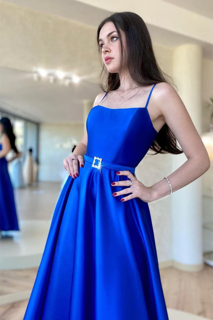 Vestido largo de fiesta azul real satinado sin espalda con abertura alta, vestido de noche formal de graduación azul sin espalda Y203