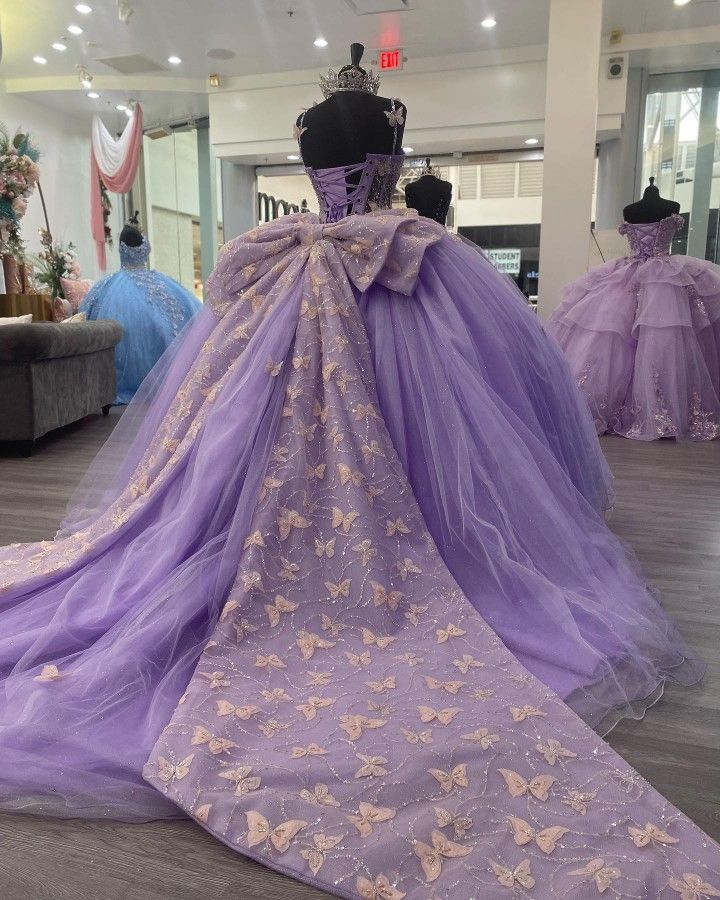 Vestido de baile de tul morado con mariposas, vestido para quinceañera, vestido de princesa morado Y2270