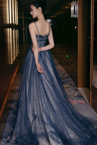 Robe de bal longue en tulle brillant, coupe trapèze, bleue, Y105