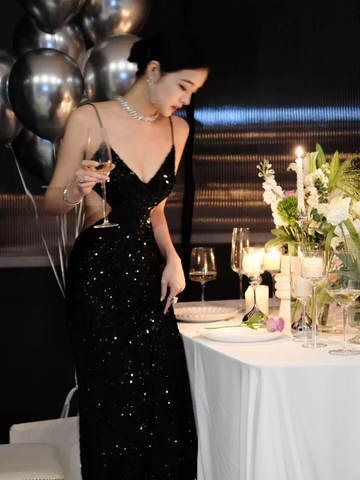Black Sequins Sparkling Evening Dress Sexy Backless Evening Gown Y1124