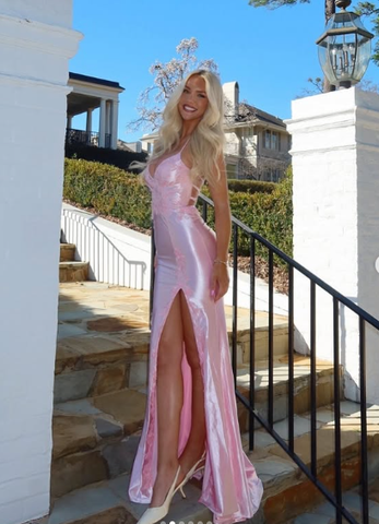 Pink Satin Appliques Mermaid Prom Dress Long Slit Evening Gown Y8263