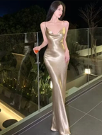 Vestido largo de noche de fiesta sencillo, blanco satinado y sin espalda Y7841