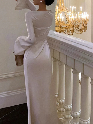 Robe de soirée blanche simple en satin à col rond pour femme Y6894