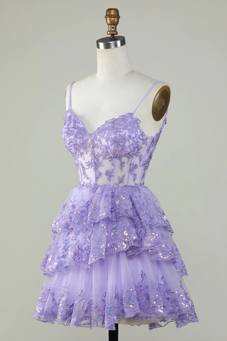 Vestido de fiesta con tirantes, lentejuelas lavanda, corsé y capas Y2907