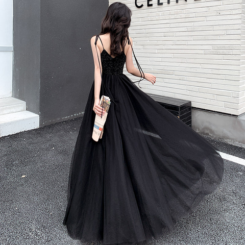 Black tulle beads long prom dress black evening dress Y1134