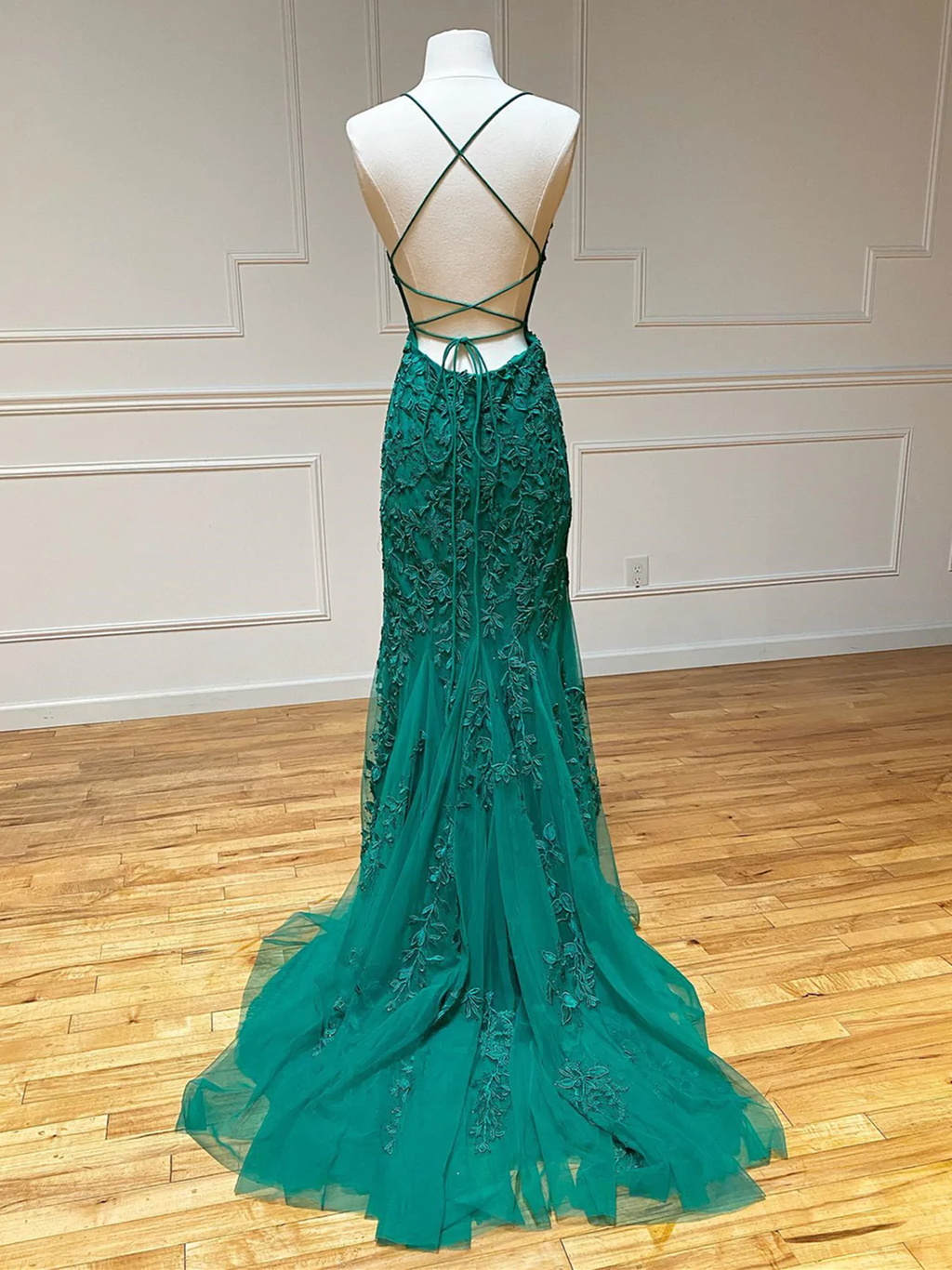 Robe de bal sirène verte dos nu en dentelle, robe de soirée sirène verte dos nu en dentelle Y1365