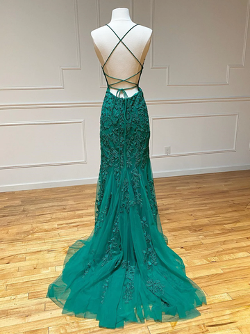 Vestidos de fiesta de sirena verdes con encaje y espalda descubierta, vestidos de noche formales de sirena verdes con encaje y espalda abierta Y1365