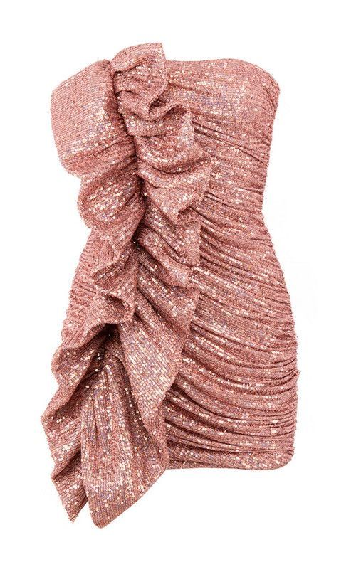 Vestido de fiesta corto sin tirantes con volantes para mujer, sexy, brillante, para baile de bienvenida Y4036