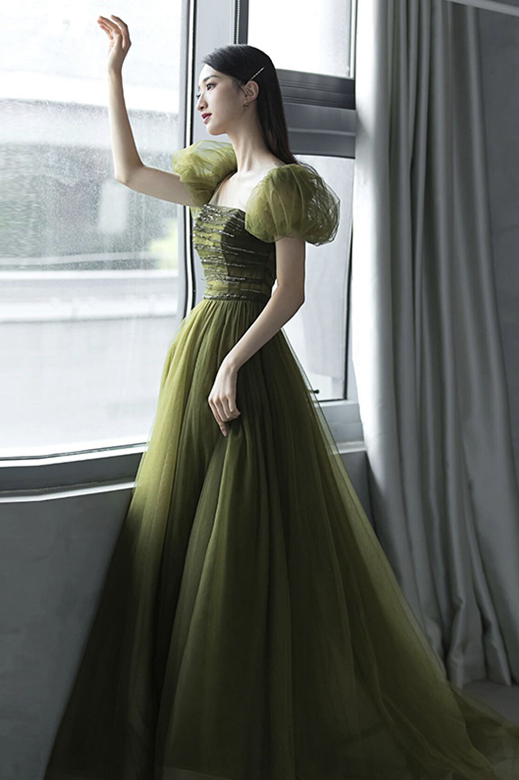 Vestido largo de tul verde para baile de graduación, vestido de noche verde Y623