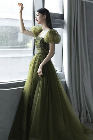 Robe de bal longue en tulle vert, robe de soirée verte Y623