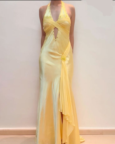 Elegant Yellow Halter Satin Beaded Prom Dress Slit Mermaid Party Evening Dress Y8426