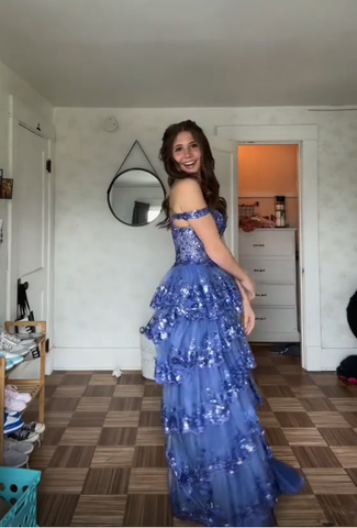 Vestido de noche de tul azul brillante con lentejuelas y capas, vestido de fiesta formal con abertura Y7961