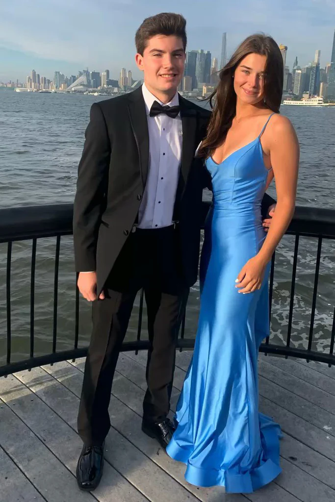 Vestido de fiesta elegante de sirena azul Atlántico sin espalda Y303