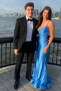Vestido de fiesta elegante de sirena azul Atlántico sin espalda Y303
