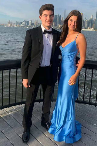 Robe de bal dos nu sirène bleu Atlantique, robe de soirée élégante Y303