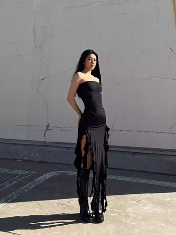 Robe de soirée noire chic sans bretelles, robe de soirée noire Y1929