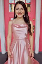 Vestido largo de fiesta rosa satinado sencillo con abertura alta, vestido largo de noche formal rosa para graduación Y212