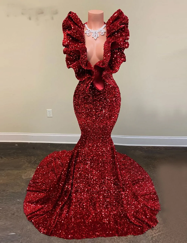 Robe de bal longue sirène à sequins rouges, robe de soirée charmante Y536