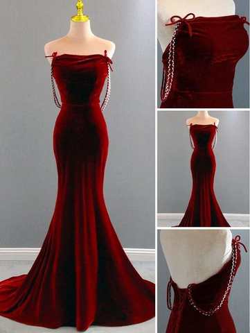 Vestido de noche largo de terciopelo rojo vino estilo sirena encantador Y7404