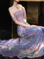 Glitter Off Shoulder Beaded Sequin Mermaid Prom Purple Formal Evening Gown Y8182