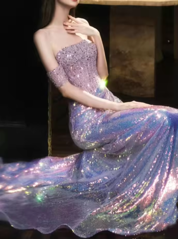 Glitter Off Shoulder Beaded Sequin Mermaid Prom Purple Formal Evening Gown Y8182