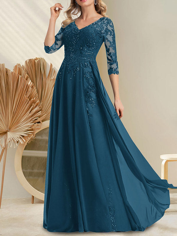 Vestido de novia de corte A, escote en V, largo hasta el suelo, de gasa de encaje con lentejuelas para la madre de la novia