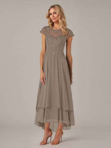 A-line Boat Neck Illusion Asymmetrical Chiffon Lace Mother of the Bride Dress With Applique Pleats