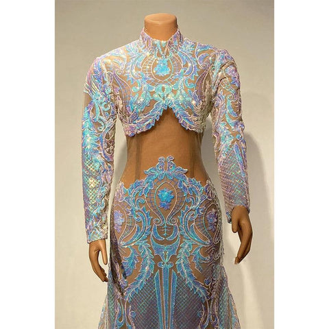 Vestido de fiesta de sirena con apliques de lentejuelas y cuello alto único para chica negra 