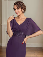 Vestido de corte A, escote en V, largo hasta el suelo, de gasa, para la madre de la novia, con apliques de lentejuelas plisadas y encaje.