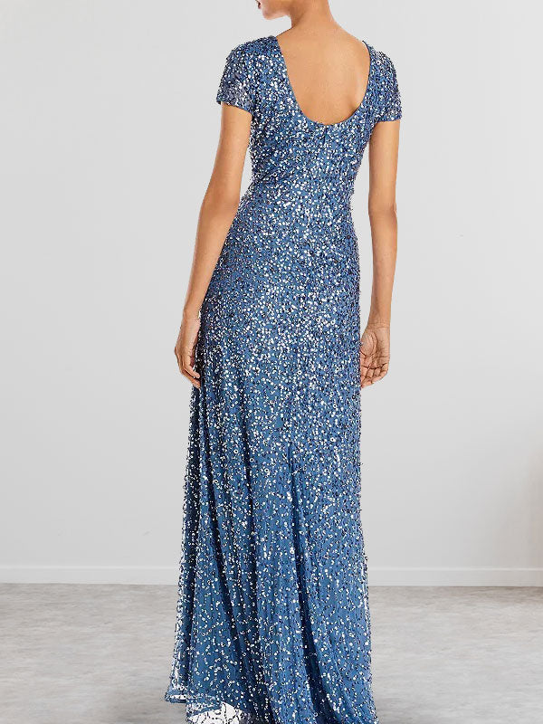Vestido largo de lentejuelas azul grisáceo para la madre de la novia