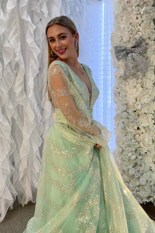 Plunging V Neck Illusion Sleeves Beaded Long Prom Dress