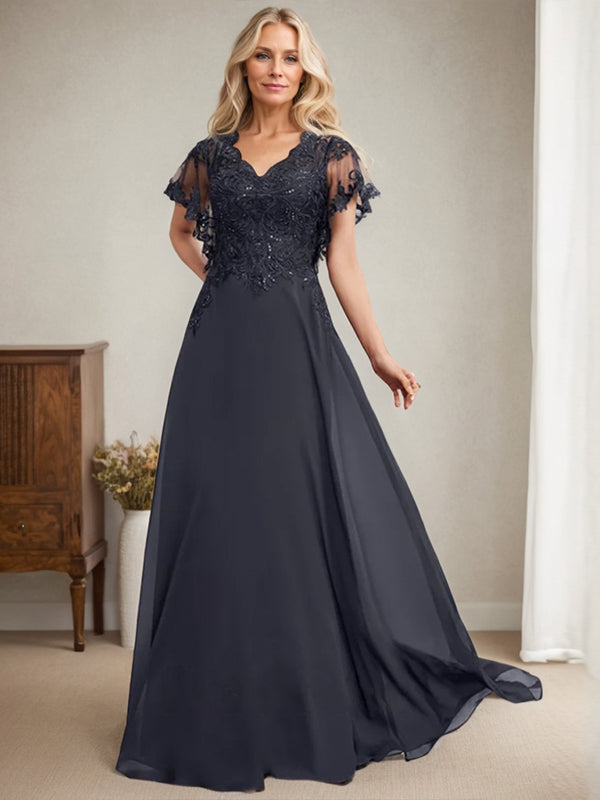 Vestido de novia de corte A, escote en V, largo hasta el suelo, de gasa de encaje con lentejuelas para la madre de la novia 