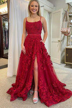 Lindos vestidos de graduación rojos de encaje con escote redondo y corte en A, adornados con cuentas.