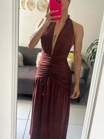Sexy Halter Backless Brown A Line Slit Prom Dress Deep V Evening Dress Y8481