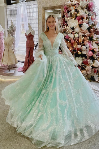 Plunging V Neck Illusion Sleeves Beaded Long Prom Dress